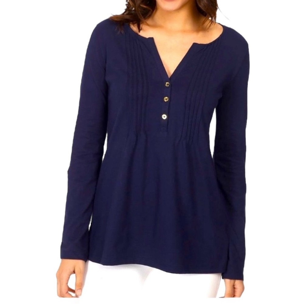 Lilly Pulitzer Women’s Navy Cotton‎ Roll Sleeve Dorothy Top  Sz XS